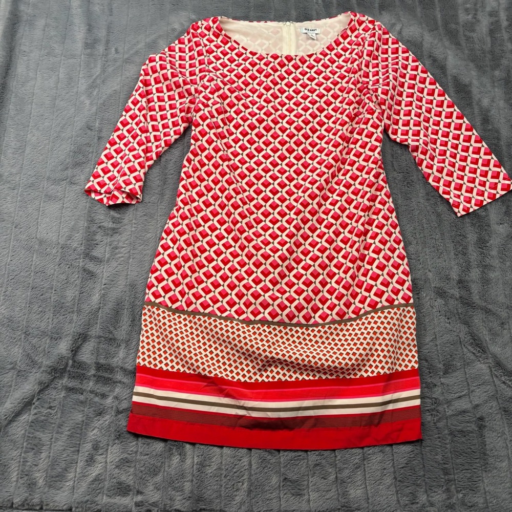 Old Navy Red Geometric Diamond Print Shift Dress 3/4 Sleeve Size Medium